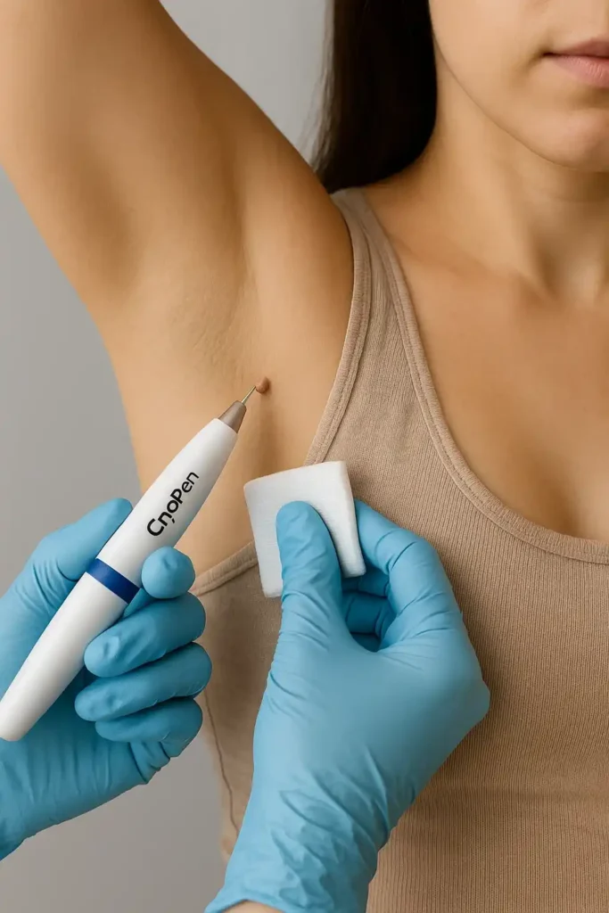 woman having cryopen to remove underarm skin tags Waterlooville