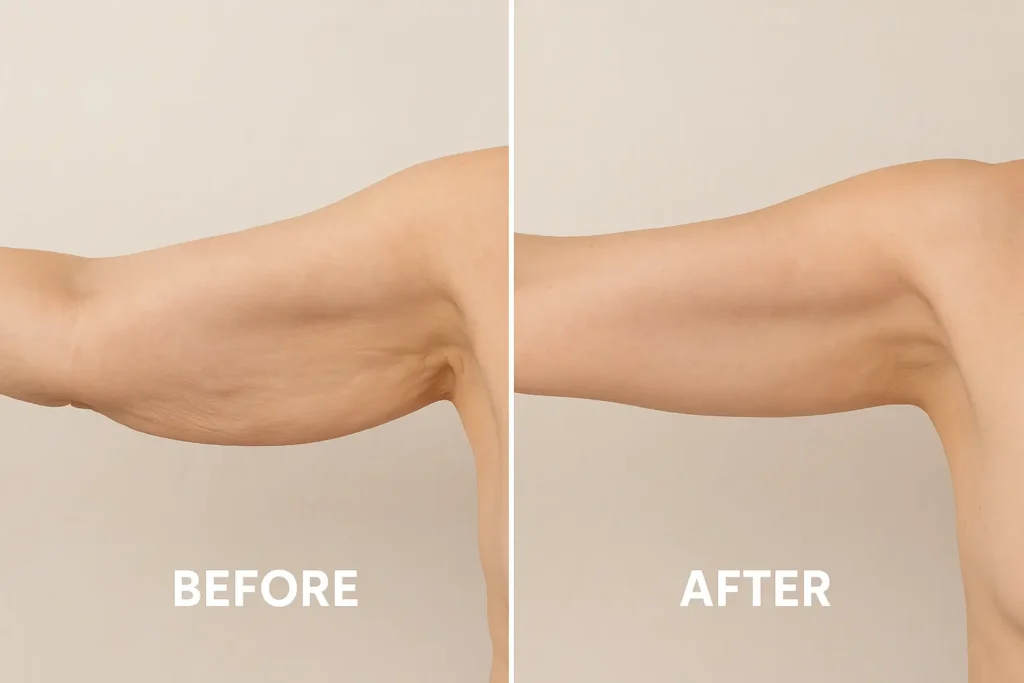 Picture of LA LIPO Waterlooville before and after results of skin tightening treatment on the upper arms.