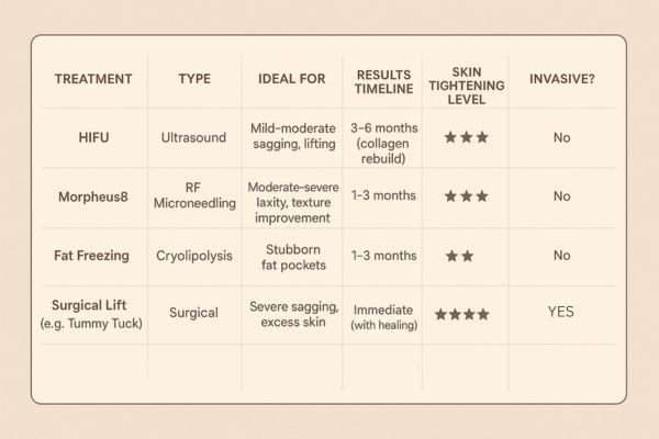 Table showing the comparisons of Skin tightening Waterlooville treatment options.